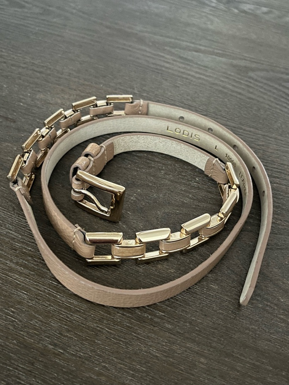 Lodis Taupe Leather Thin Belt L with Gold Chain Links